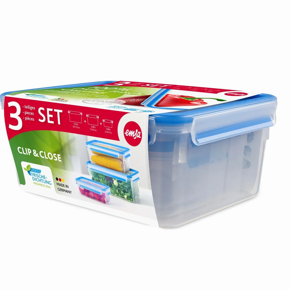 Emsa CLIP & CLOSE Frischhaltedosen-Set, 3-teilig, auslaufsicher, BPA-frei, für Kühl- und Gefrierschrank 3