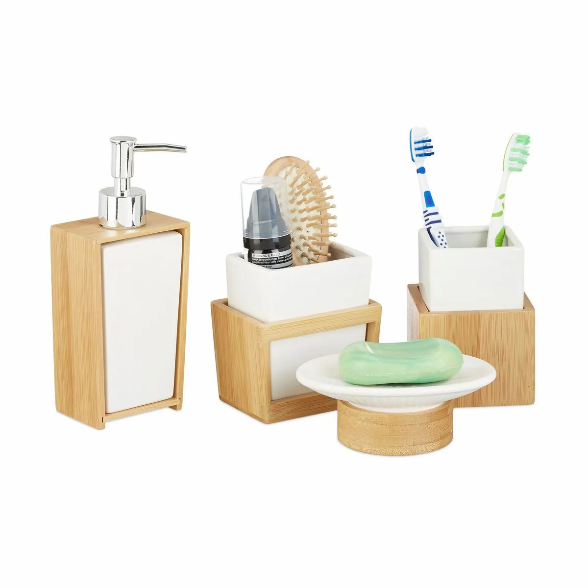 Relaxdays Badezimmer-Set, 4-teiliges Set aus Bambus und Keramik