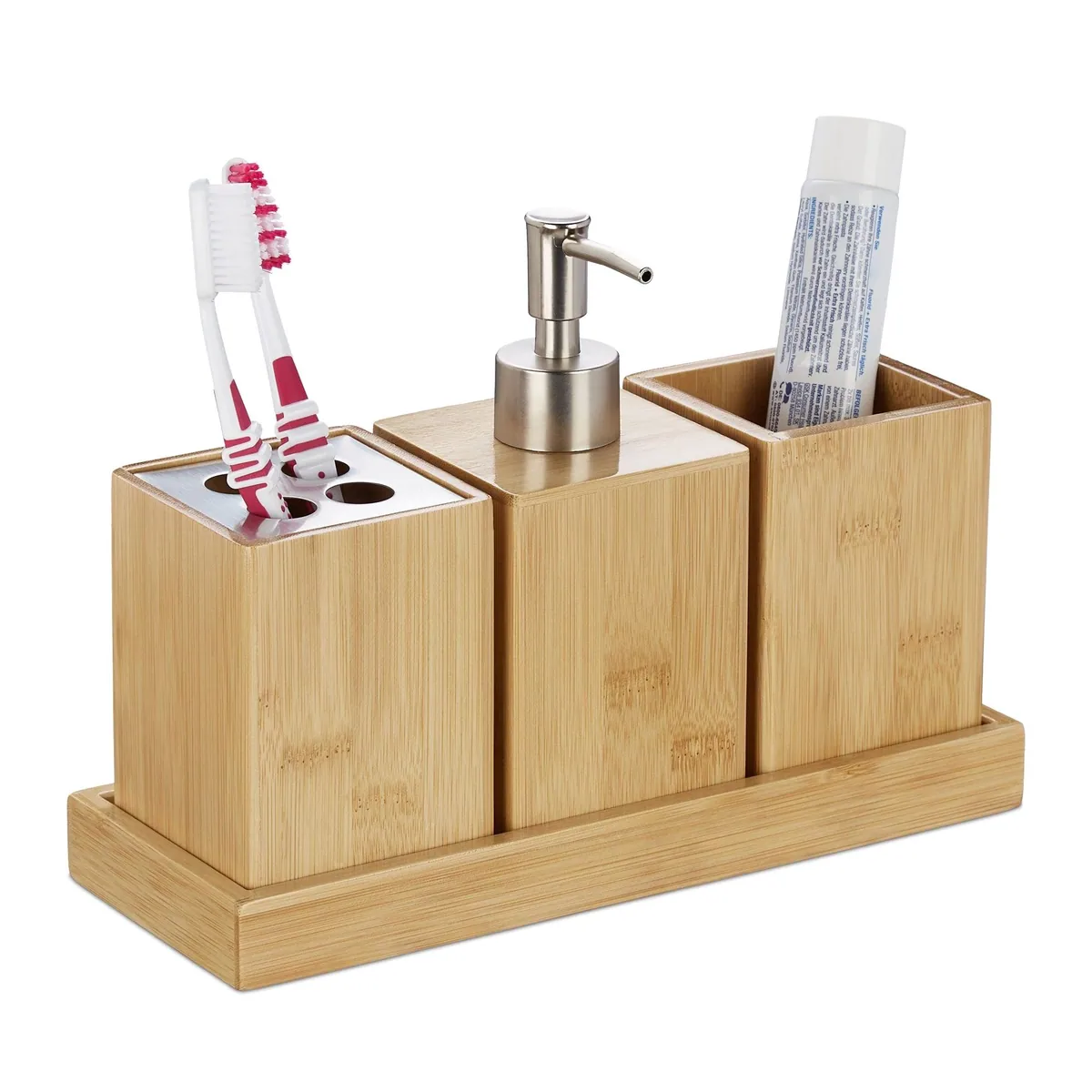 Relaxdays Badezimmer-Set, 4-teilig, natürliches Design, praktische Aufbewahrung