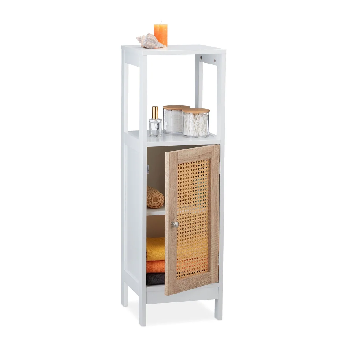 Relaxdays Midischrank, platzsparend mit 3 Fächern, Rattanoptik