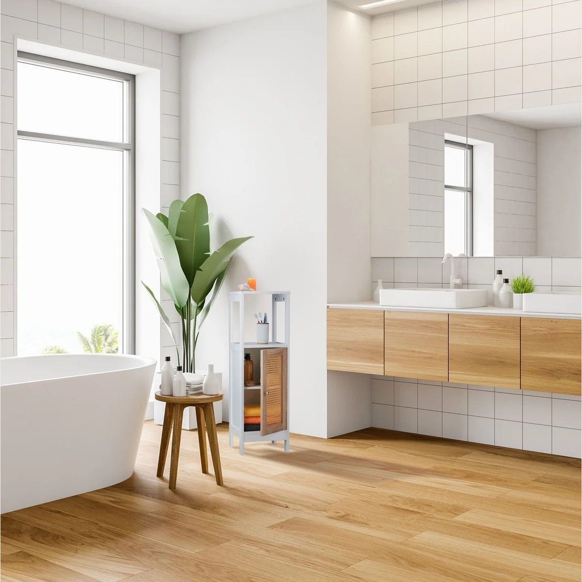 Relaxdays Midischrank, platzsparend mit 3 Fächern, Rattanoptik 2