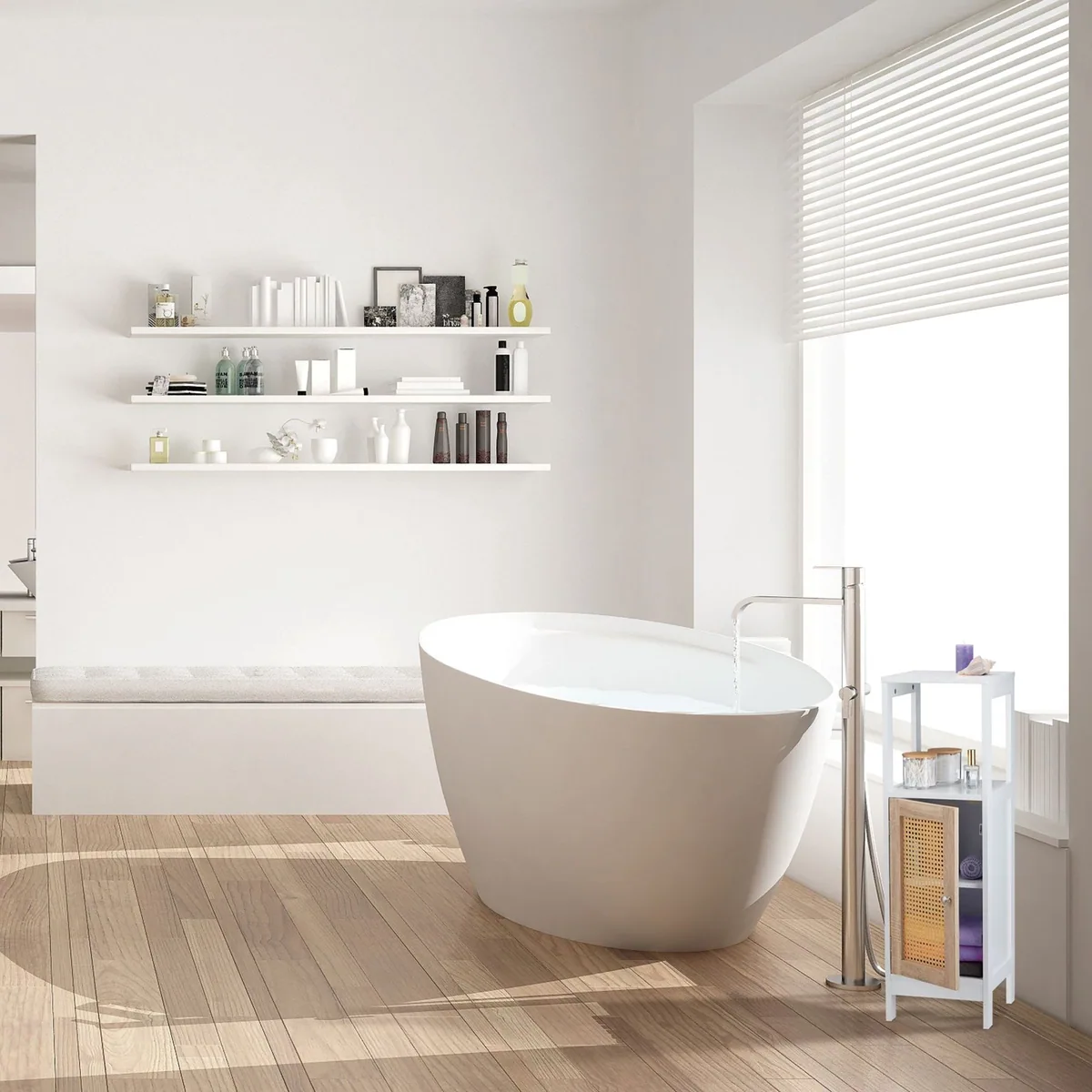 Relaxdays Midischrank, platzsparend mit 3 Fächern, Rattanoptik 5