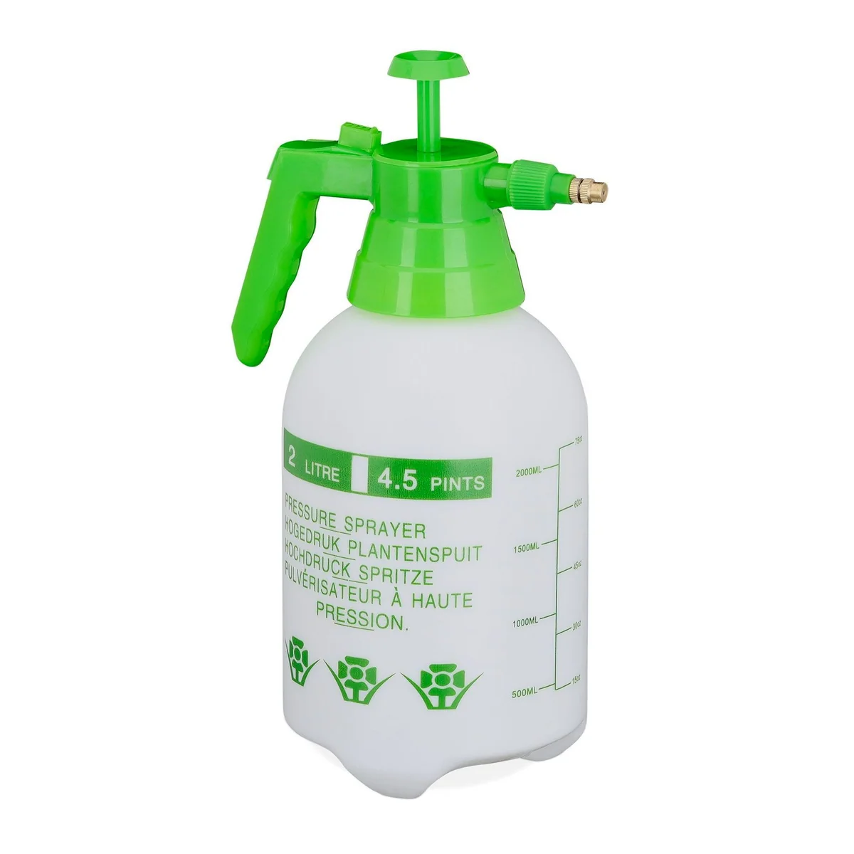 Relaxdays Drucksprühgerät 2 Liter, verstellbare Messingdüse, feststellbarer Drücker