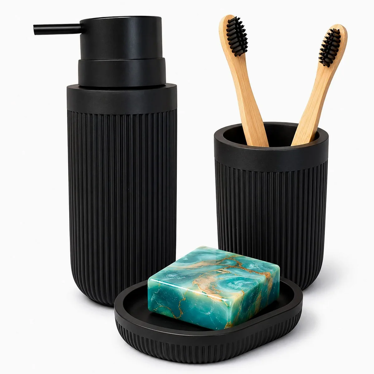 Relaxdays Badaccessoire-Set, 3-teilig, elegante Steinoptik