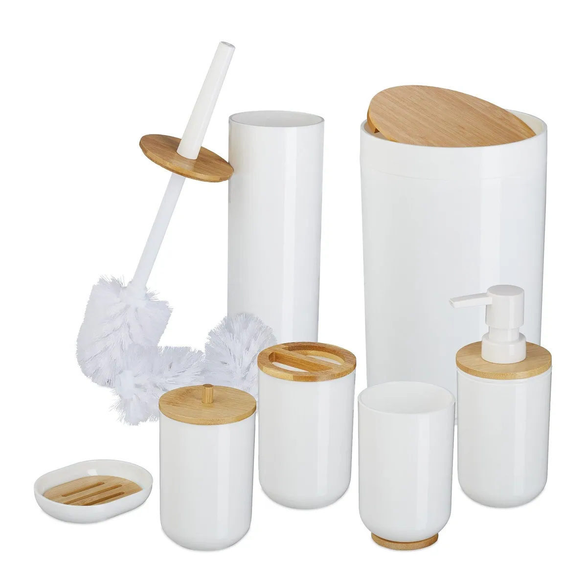 Relaxdays 7-teiliges Badaccessoire-Set, elegantes Design mit Bambusdetails