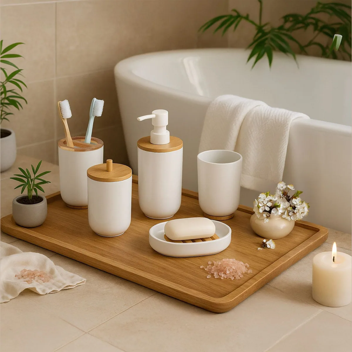 Relaxdays 7-teiliges Badaccessoire-Set, elegantes Design mit Bambusdetails 2