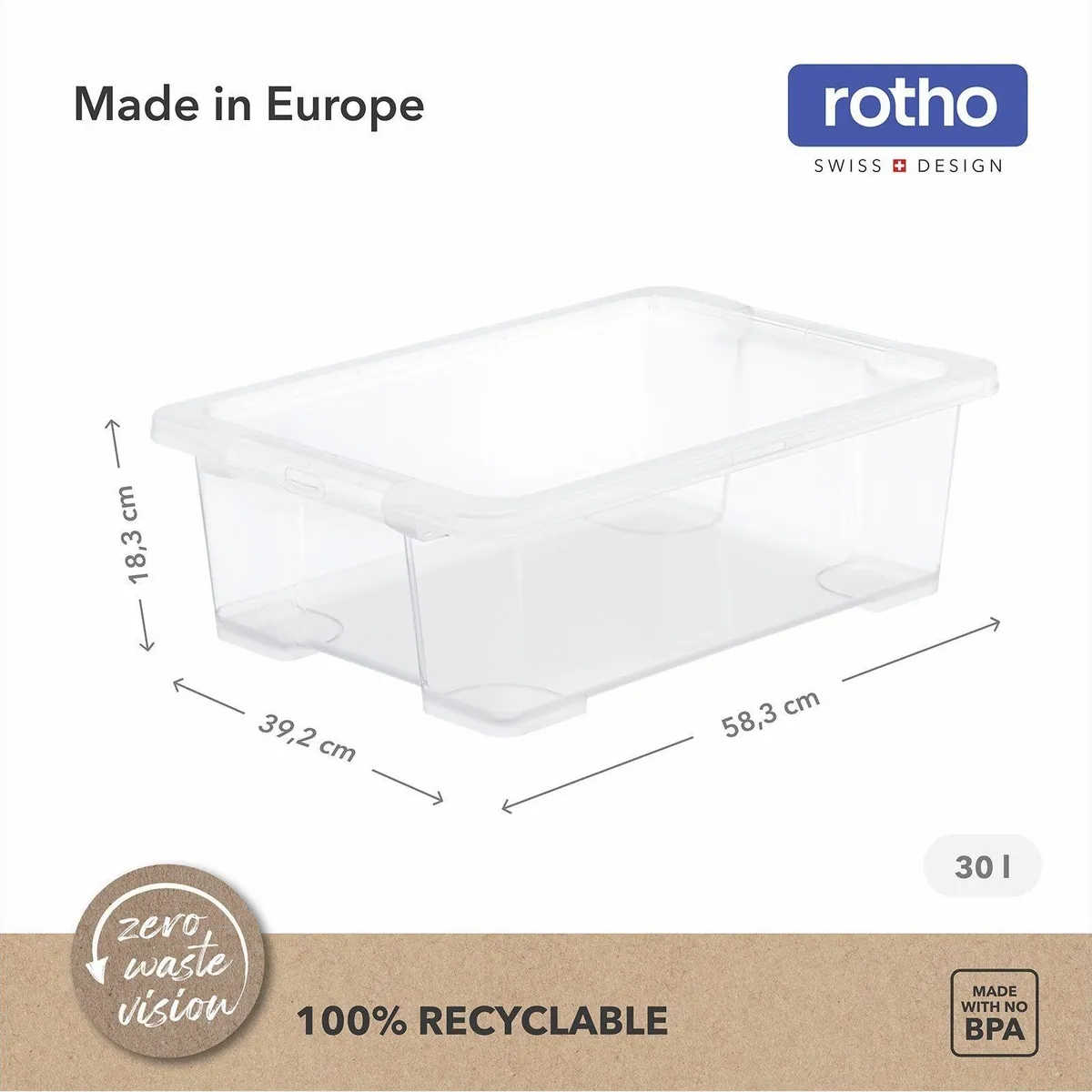 Rotho CORE BASIC Aufbewahrungsbox 30L, stapelbar, transparent, 4er-Set 3