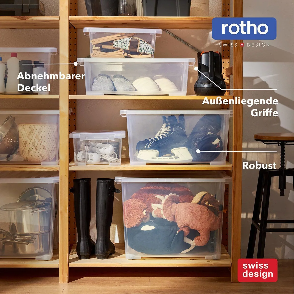 Rotho CORE BASIC Aufbewahrungsbox 30L, stapelbar, transparent, 4er-Set 5