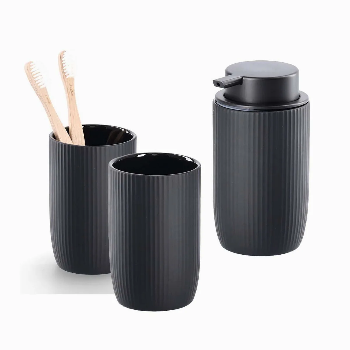 Zeller Badaccessoire-Set, 3-teilig, moderne Rillenoptik, Keramik Schwarz