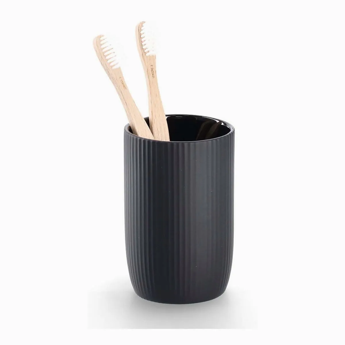 Zeller Badaccessoire-Set, 3-teilig, moderne Rillenoptik, Keramik Schwarz 2