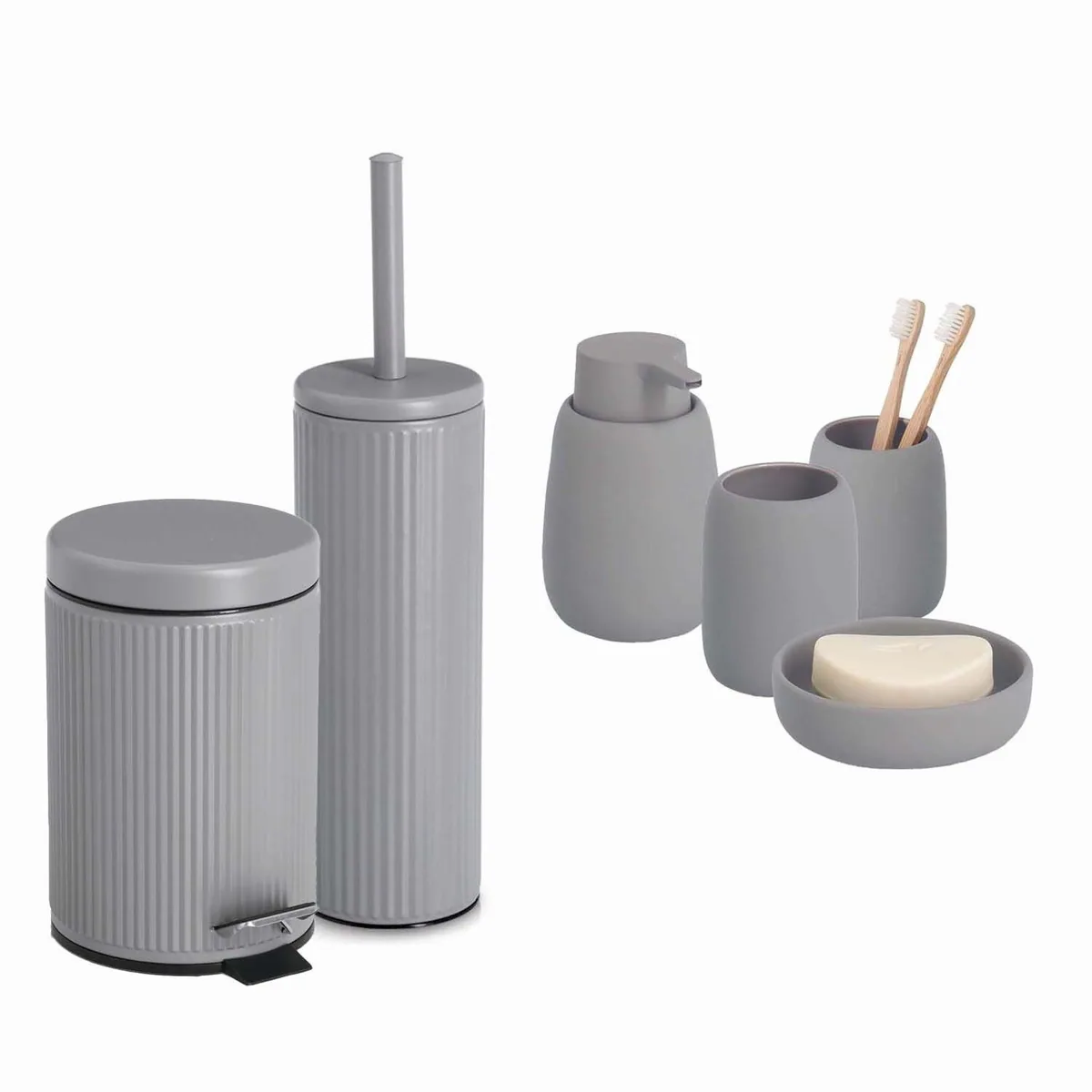 Zeller Badaccessoire-Set 6-teilig, stilvolle Riffelstruktur aus Keramik, grau