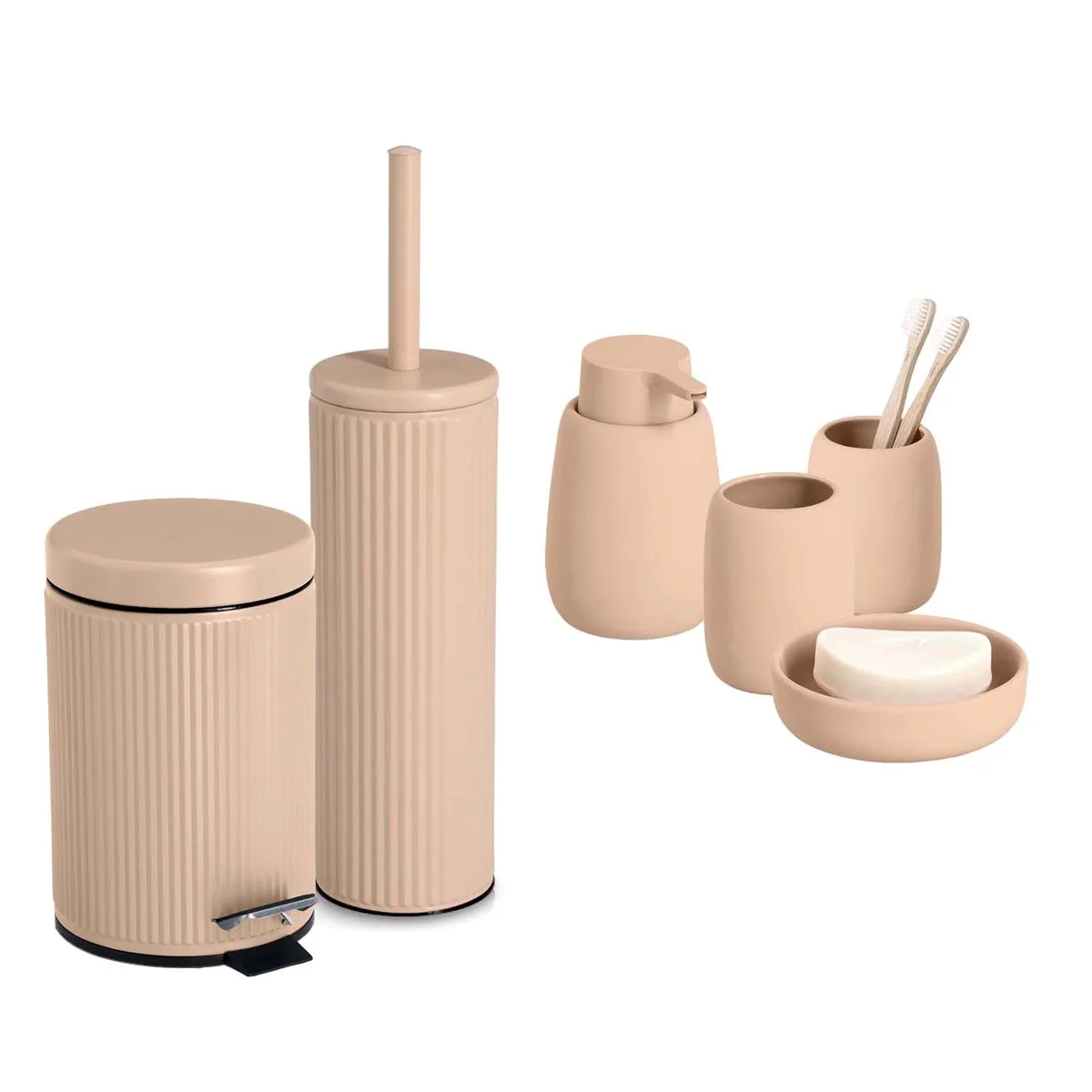 Zeller Badaccessoire-Set 6-teilig, Keramik, Mandel — stilvolle Riffelstruktur, hygienische Nutzung, zeitloses Design